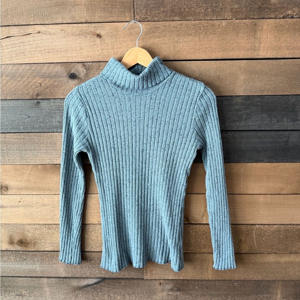 Y2K Cut Loose Ribbed Turtleneck Top Blue Gray Stretch Knit